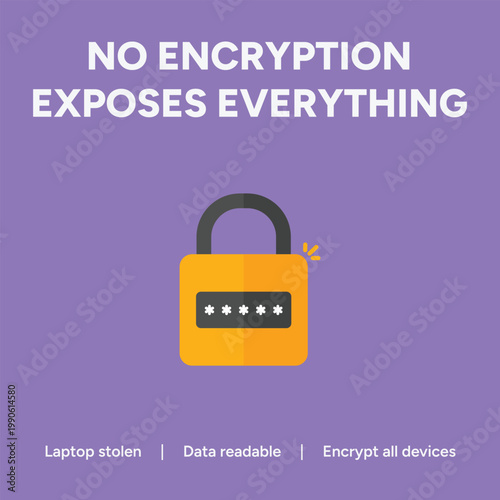 This vector graphic illustration emphasizes the critical importance of strong data encryption to protect sensitive information and prevent exposure from unauthorized access, ensuring digital security.