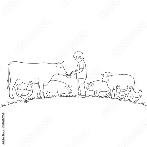 Child Feeding Farm Animals Outdoors.