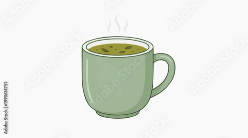 A minimalist vector illustration of a steaming green tea cup on a plain background