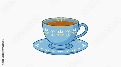 A vector illustration of a steaming blue teacup with a floral design on a matching saucer