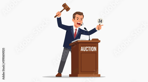 A cartoon illustration of an auctioneer holding a gavel and a numbered paddle at a podium