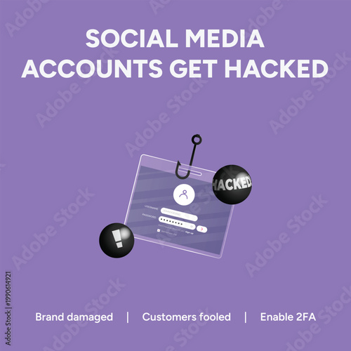 Vector illustration depicting a social media account login screen being hacked by a phishing attack, emphasizing online security risks and data breach prevention.