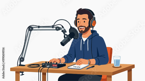 A cartoon man wearing headphones and sitting at a desk with a microphone and audio equipment