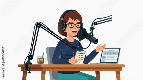 A cartoon woman podcasting with a microphone and laptop in a modern recording setup
