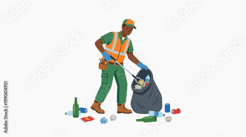 A vector illustration of a sanitation worker collecting trash in a green uniform and orange safety vest.