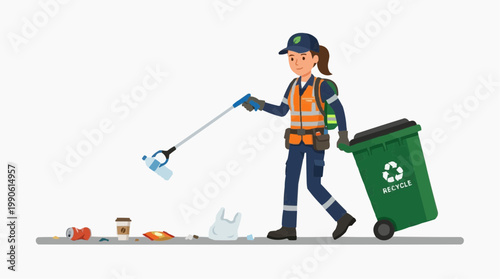 A vector illustration of a woman in a high-visibility vest picking up trash with a recycling bin