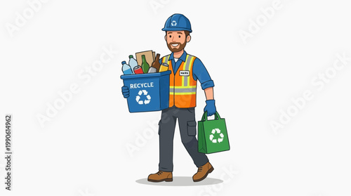 A cartoon man in a hard hat holding a recycling bin and a reusable bag