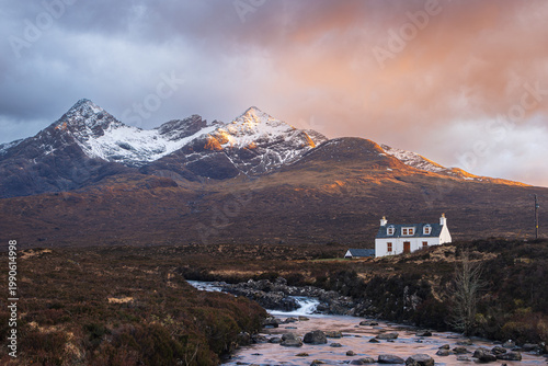 Sunset on the Black Cuillin Mountains on the Isle of Skye, Scotland.