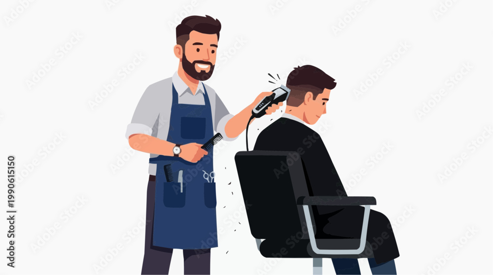 Obraz premium A barber in a blue apron cutting a man's hair with clippers in a modern salon setting.