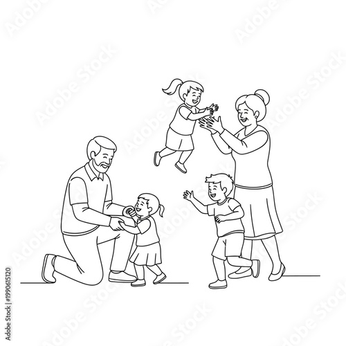 Family with kids playing together happily.