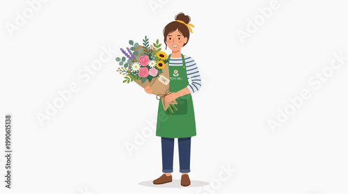 A cartoon woman wearing a green apron holding a bouquet of colorful flowers in a minimalist vector illustration