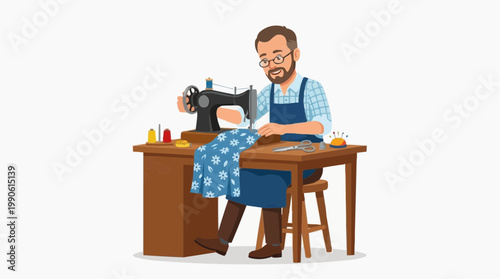 A cartoon man sewing with a machine at a wooden worktable in a workshop setting.