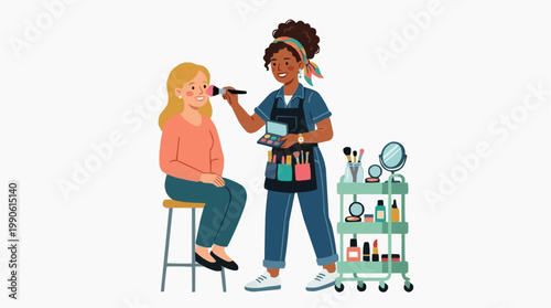 A vector illustration of a makeup artist applying makeup to a client in a beauty salon setting.