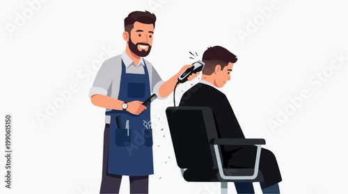 A barber in a blue apron cutting a man's hair with clippers in a modern salon setting.