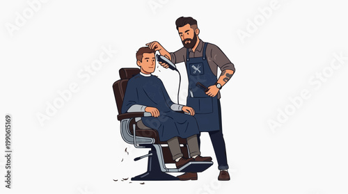A barber in an apron cutting a man's hair with clippers in a modern salon setting.