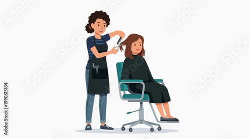 A vector illustration of a hairdresser cutting a woman's hair in a salon chair with a modern design