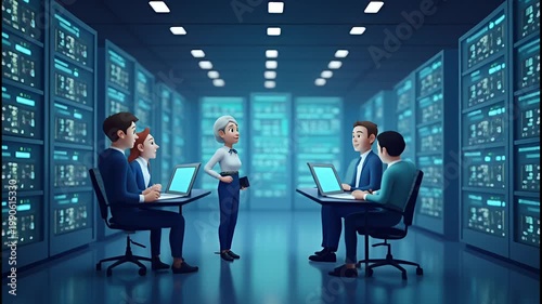 Corporate IT team managing servers in a data center, technicians working on computer hardware