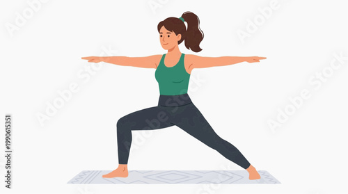 A woman in a green tank top and black leggings practicing yoga on a mat in a serene and peaceful environment.