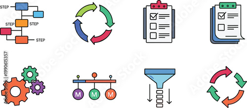 Workflow and process management icon set featuring steps checklist automation filtering and system optimization concepts collection