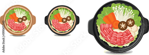 Asian Hot Pot Meal Set with Fresh Meat Vegetables Mushrooms and Broth Served in Cooking Pots Flat Vector Illustration Collection
