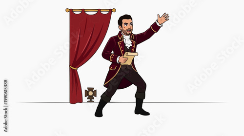 A vector illustration of a man in a theatrical pose holding a book near a red curtain