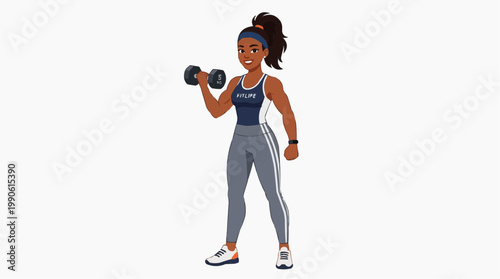 A fit woman lifting a dumbbell in a modern athletic outfit with a determined expression