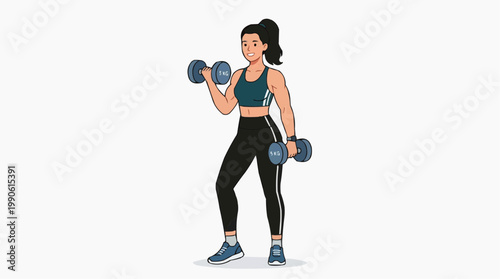 A fit woman lifting dumbbells in a modern gym with a determined expression on her face