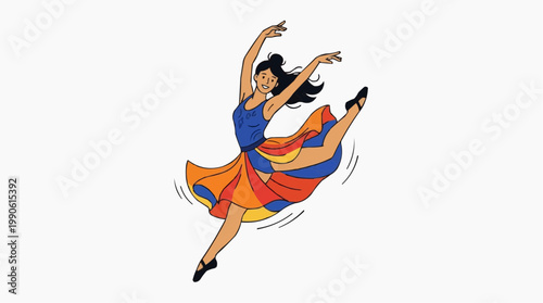 A colorful vector illustration of a woman dancing in a dynamic pose with a flowing skirt.