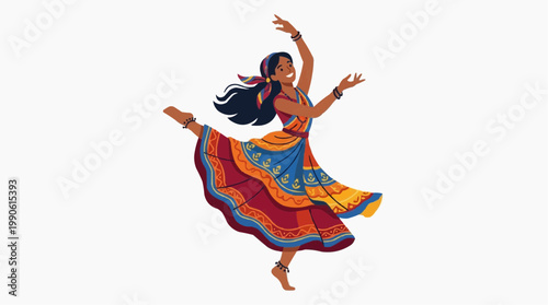 A vibrant vector illustration of a woman dancing in a colorful traditional outfit with intricate designs and patterns.