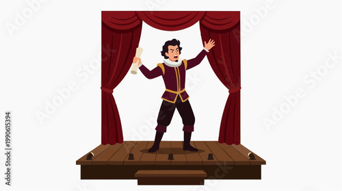 A cartoon actor in a Renaissance costume stands on a stage with red curtains, holding a scroll and gesturing dramatically.