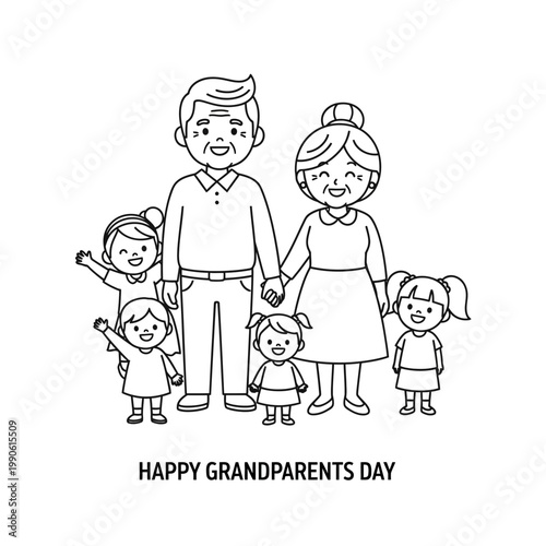 Smiling grandparents with three grandkids together.