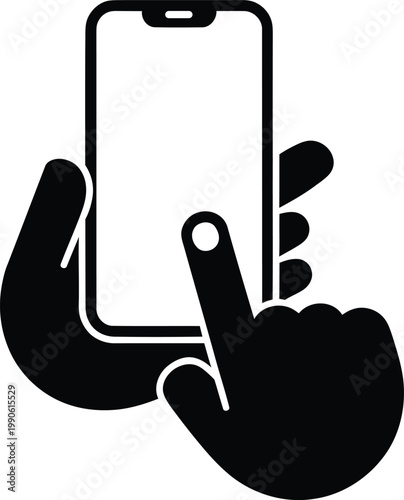 black hand holding smartphone with index finger touching screen  mobile phone icon Vector Illustration
