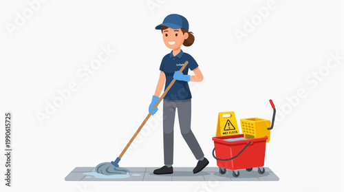 A cartoon janitor woman cleaning the floor with a mop and bucket