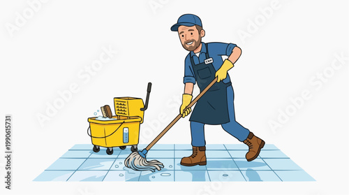 A cartoon janitor wearing a blue uniform and yellow gloves mopping a tiled floor with a yellow bucket nearby