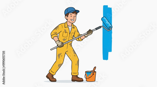 A cartoon illustration of a smiling painter in yellow overalls painting a wall blue with a roller.