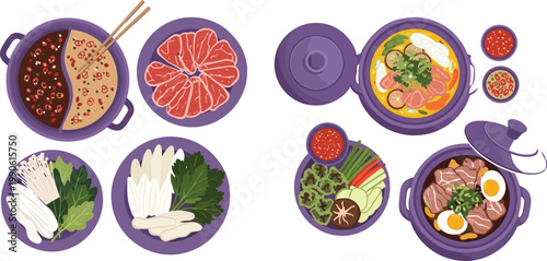 Asian Hot Pot Meal Vector Set with Broth, Sliced Meat, Vegetables, Mushrooms, and Traditional Cooking Pots for Korean and Japanese Cuisine Illustration