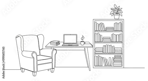 A chair beside a desk with laptop.