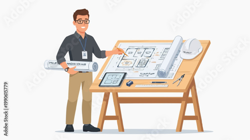 A cartoon man presenting architectural blueprints on a wooden easel in a modern office setting.