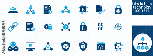 A collection of blue blockchain technology icons depicting concepts like data security networks and digital transactions high quality professional detailed modern elegant
