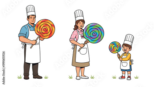 Sweet family of bakers holding colorful swirl lollipops. Dad, mom, and child in chef hats and aprons on white.
