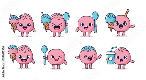 Cute Kawaii Ice Cream Characters with Different Expressions