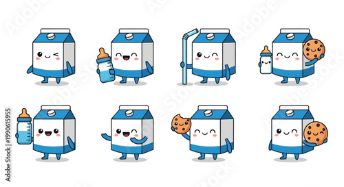 Cute Kawaii Milk Carton Character Set with Cookies and Baby Bottles