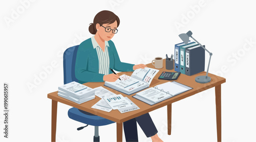 A woman sits at a desk surrounded by papers and office supplies, working diligently in a modern workspace.