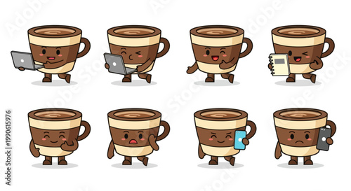 Cute Coffee Cup Character Set: Working, Studying, and Relaxing