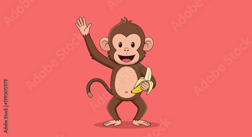 Cute cartoon monkey waving and holding a banana, isolated on pink background
