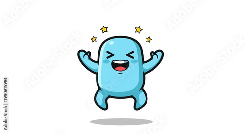 Happy Blue Cartoon Character Jumping with Excitement and Stars