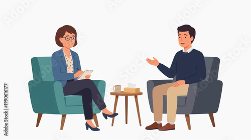 A vector illustration of a man and woman in a therapy session sitting in chairs