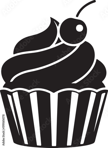 Black and white vector icon of a cupcake with a cherry on top white background food icon junk food small cake illustration silhouette frosting isolated delicious confection