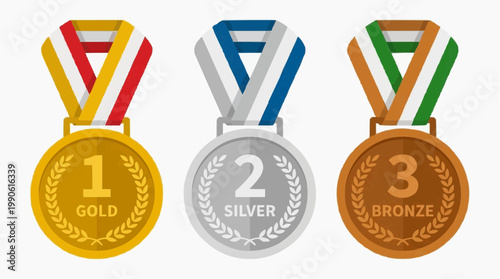 A vector graphic illustration of gold, silver, and bronze medals with colorful ribbons