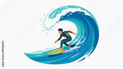 A vector illustration of a surfer riding a wave in a dynamic and vibrant style